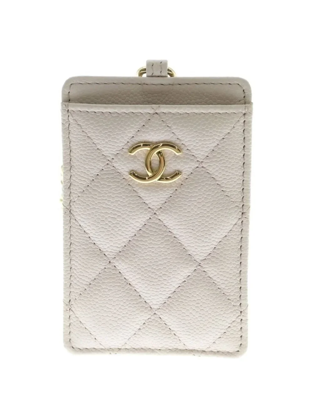 Chanel CC Logo Quilted Caviar Leather Gold Chain Card Slot Pass Case Beige